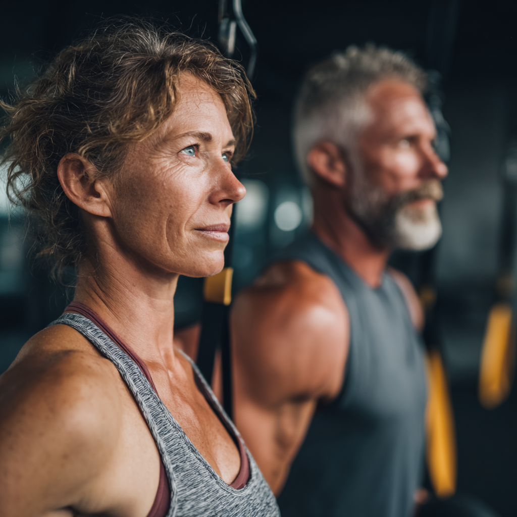 50 years old man and woman exercising together in modern fitness facility