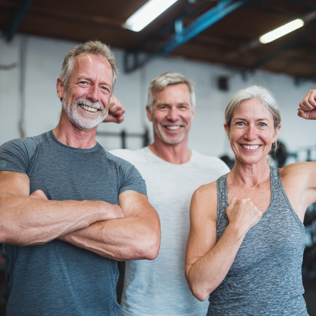 52 years old adults celebrating fitness achievement in gelbrunik gym